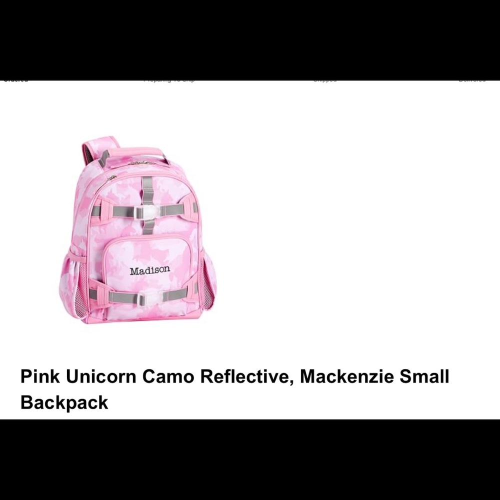 Pink unicorn mackenzie small size backpack with lunch boxThere is no name on it.